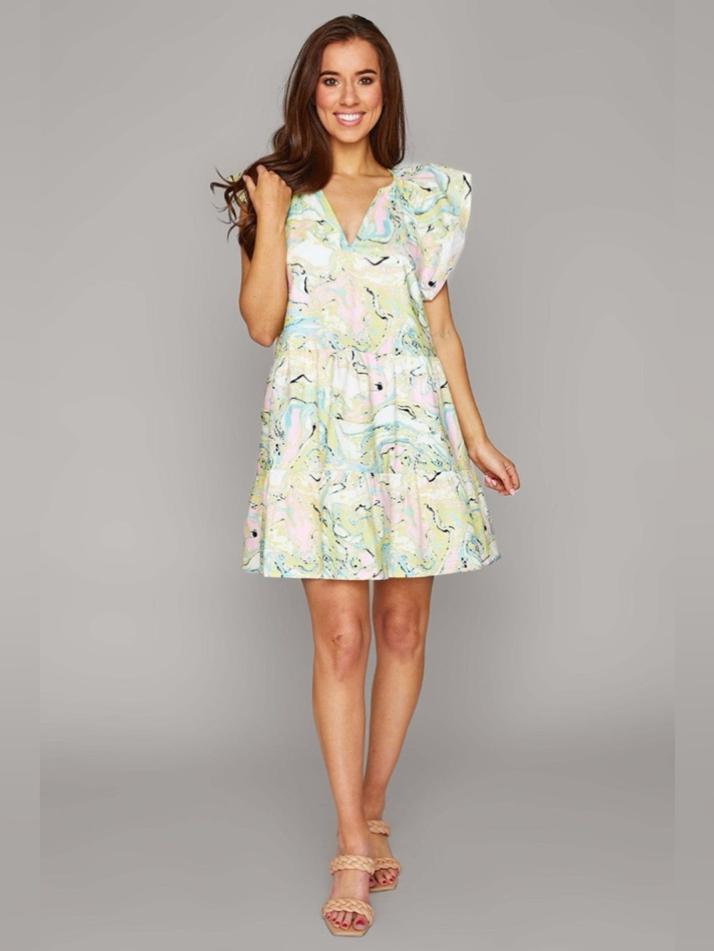 BuddyLove Ronnie Ruffle Sleeve Short Dress - Citron Marble size Small - Picture 1 of 10